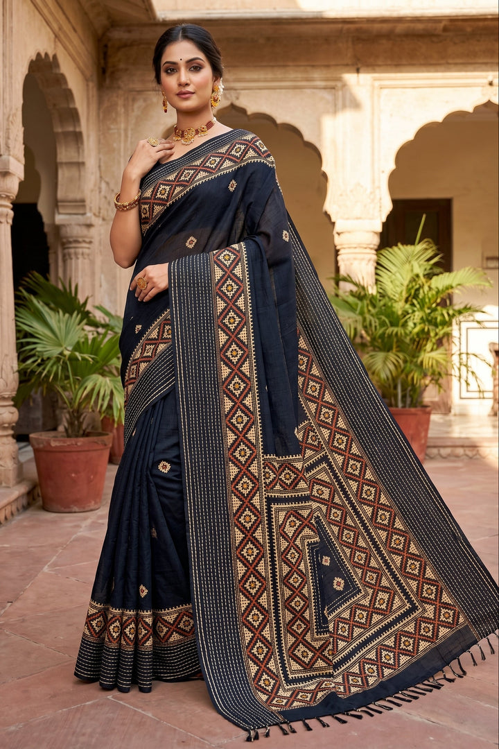 Ruprekha Semi Matka Silk Gujarati Print Kantha Border Saree