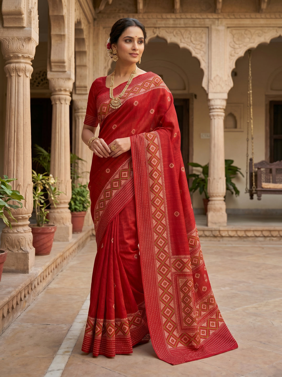 Ruprekha Semi Matka Silk Gujarati Print Kantha Border Saree