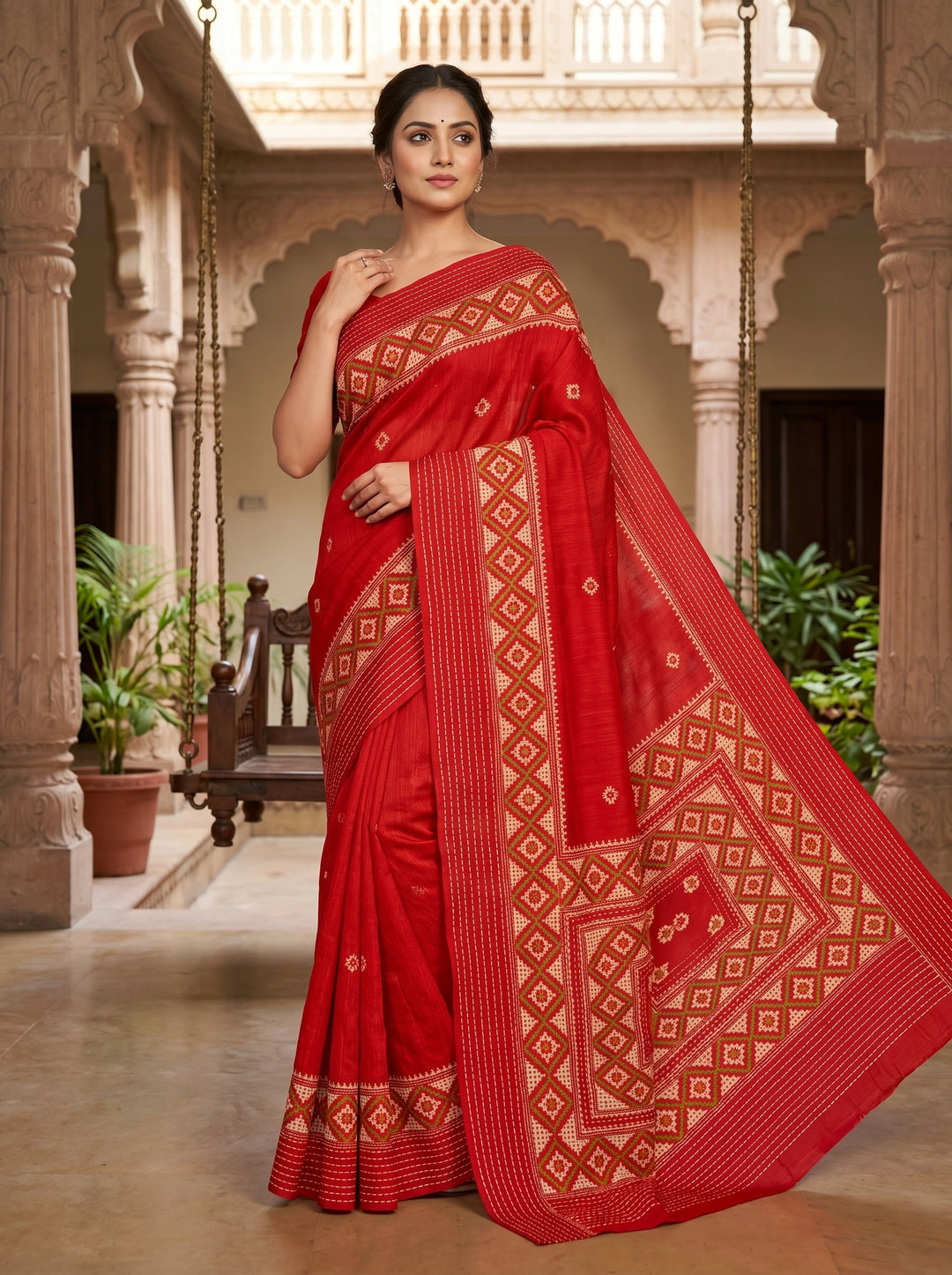 Ruprekha Semi Matka Silk Gujarati Print Kantha Border Saree