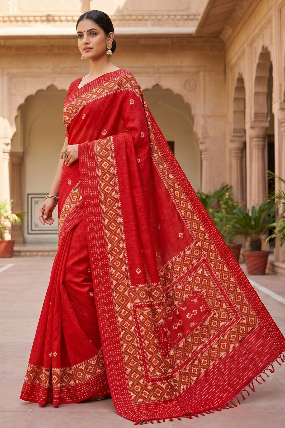 Ruprekha Semi Matka Silk Gujarati Print Kantha Border Saree