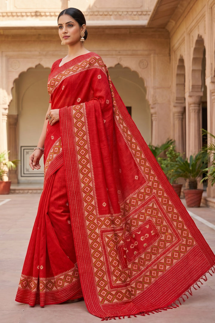 Ruprekha Semi Matka Silk Gujarati Print Kantha Border Saree
