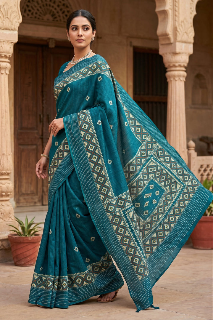 Ruprekha Semi Matka Silk Gujarati Print Kantha Border Saree