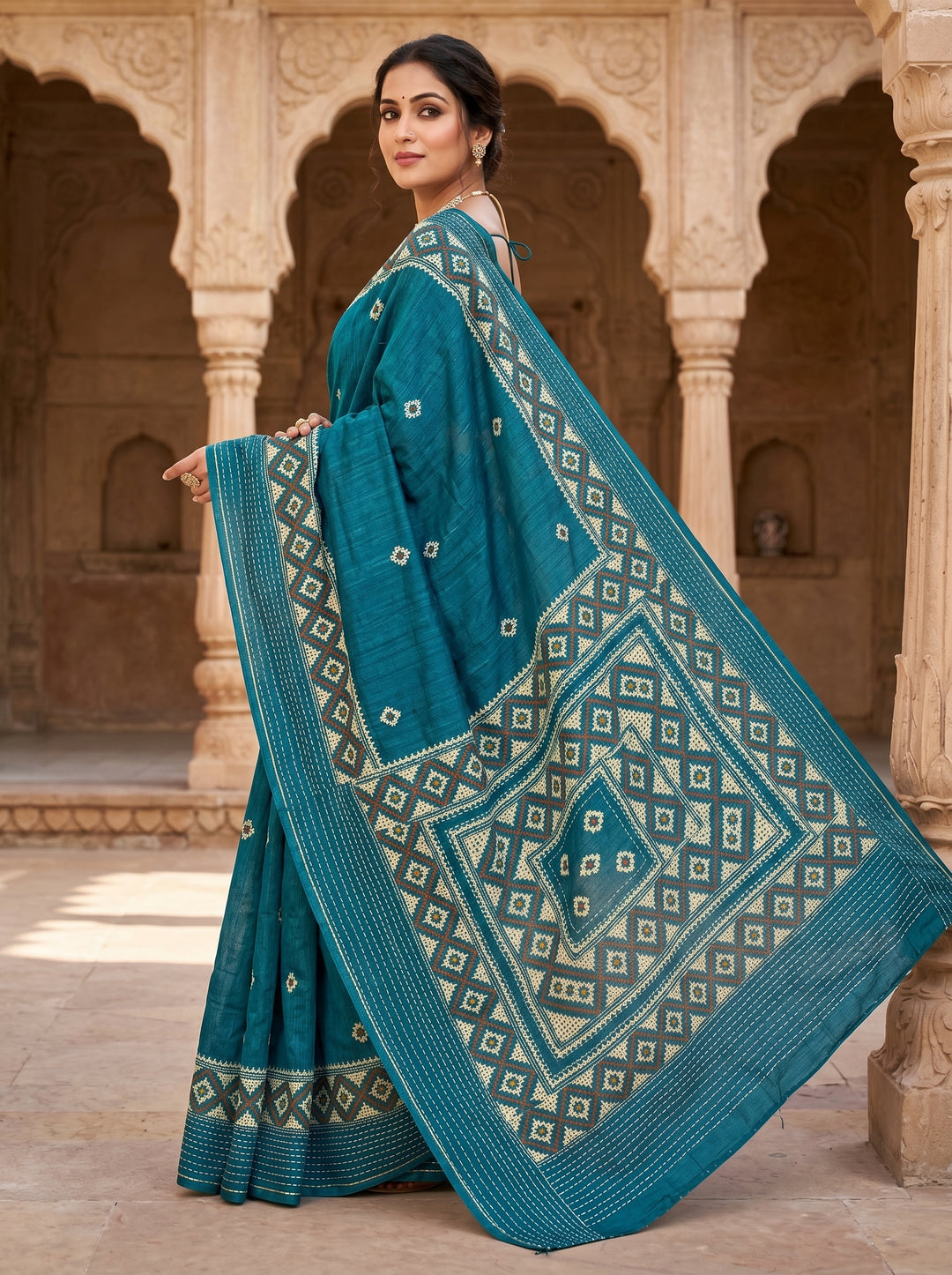 Ruprekha Semi Matka Silk Gujarati Print Kantha Border Saree