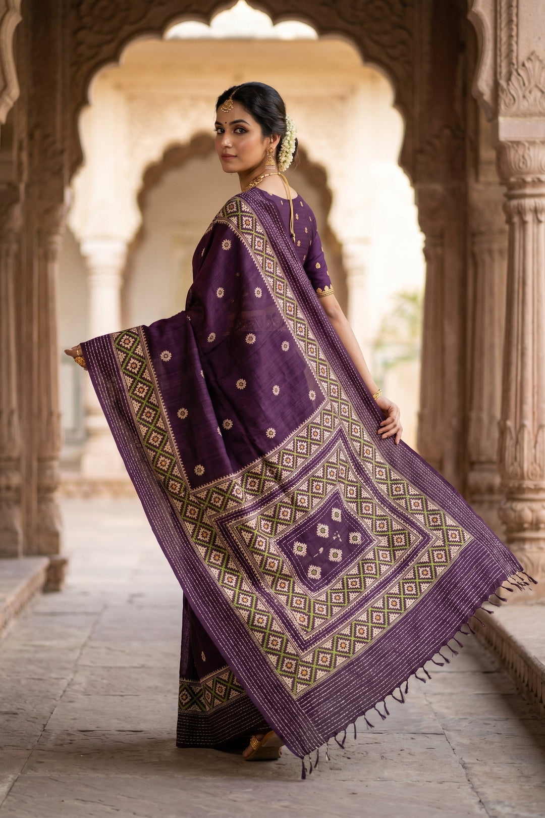 Ruprekha Semi Matka Silk Gujarati Print Kantha Border Saree