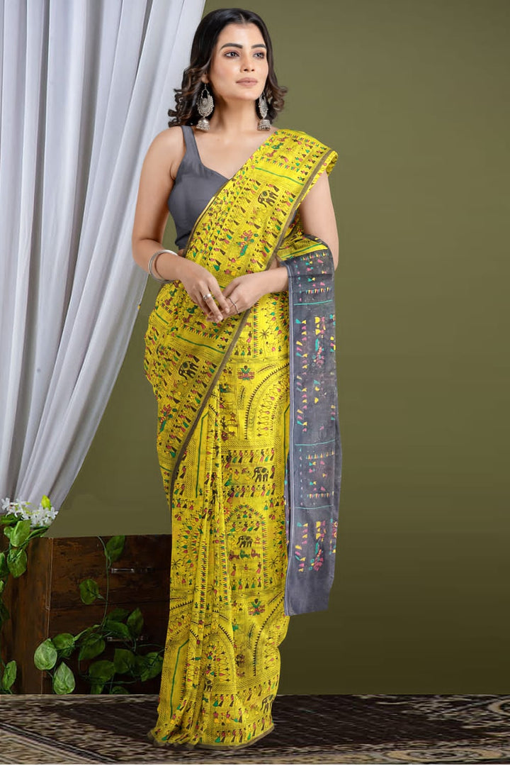 Delicate Touch Of Madhubani Cotton Silk Saree