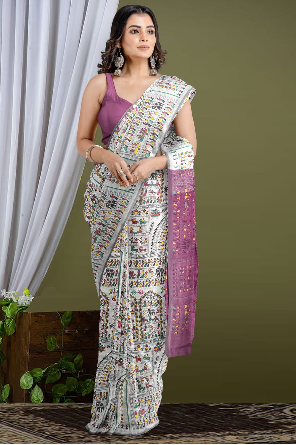 Delicate Touch Of Madhubani Cotton Silk Saree