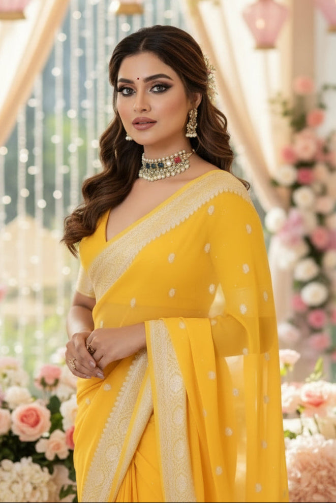 Legacy Of Khaddi Chiffon Pure Banarasi Saree(Yellow)