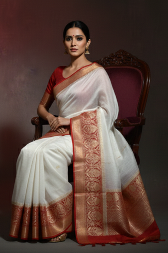 Red White Pure Handwoven Silk Linen Banarasi Saree