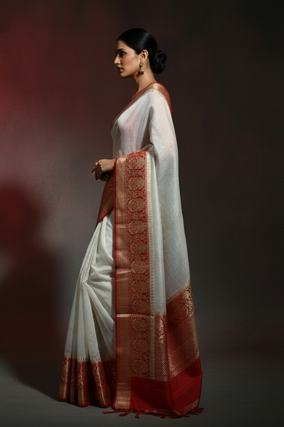 Red White Pure Handwoven Silk Linen Banarasi Saree