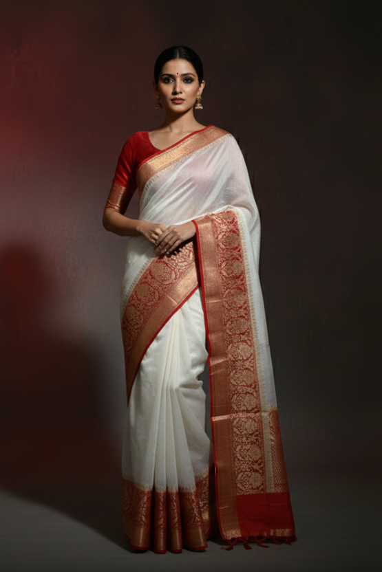 Red White Pure Handwoven Silk Linen Banarasi Saree