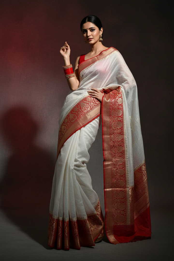 Red White Pure Handwoven Silk Linen Banarasi Saree
