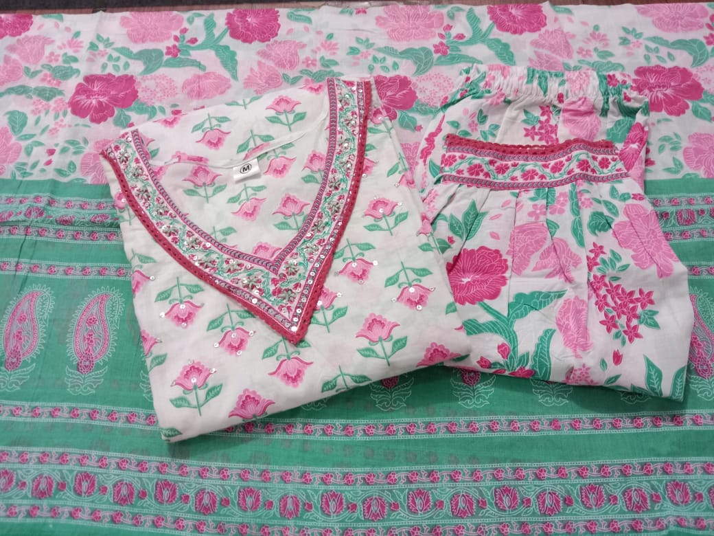 Immortal Floral Cotton Suit Set(Steady Pink And White Combo)