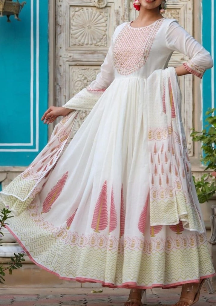 White Anarkali Mirror Work Suit Set