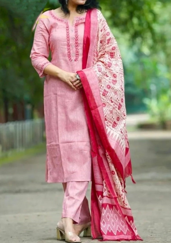 Classy Pink Khadi Cotton Kurti Set