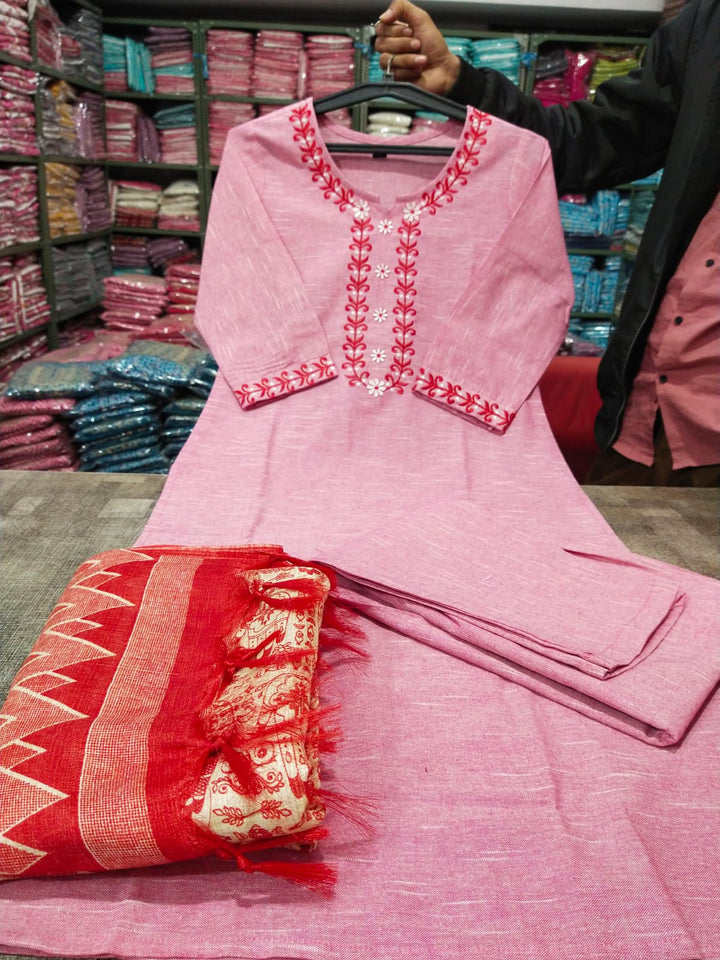 Classy Pink Khadi Cotton Kurti Set