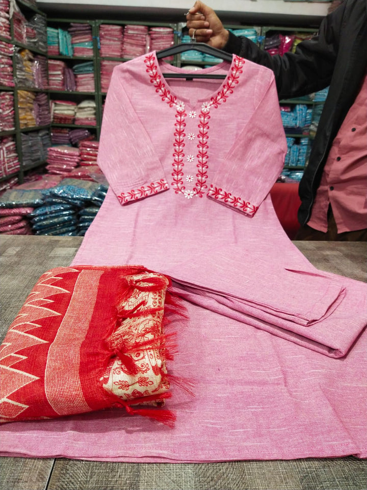 Classy Pink Khadi Cotton Kurti Set