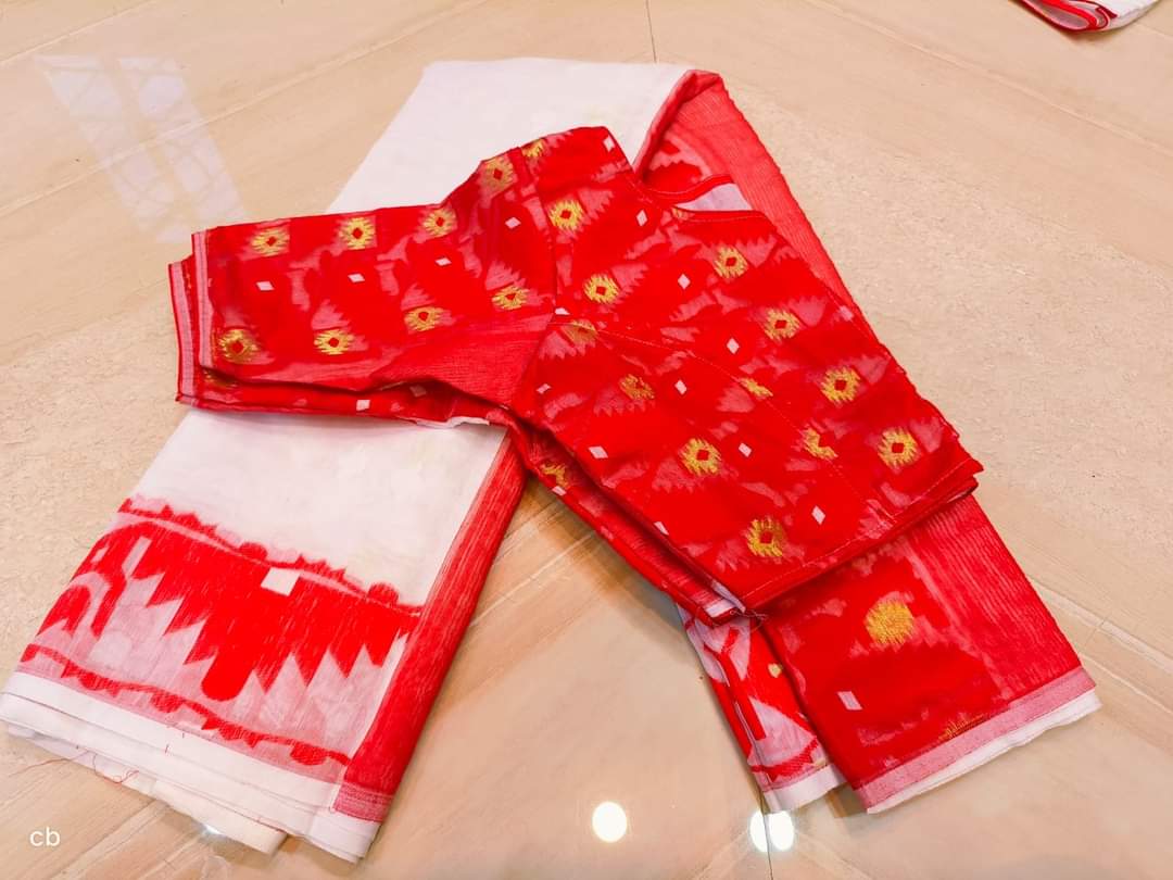 White & Red Dhakai Jamdani Saree