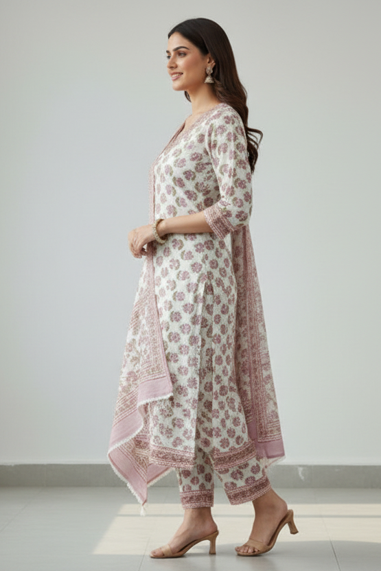 White Pink Floral Pocket Kurti Set