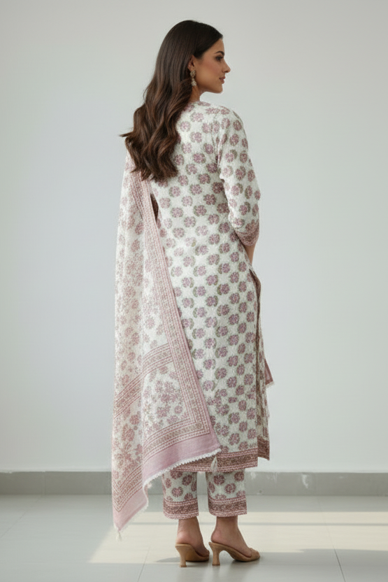 White Pink Floral Pocket Kurti Set