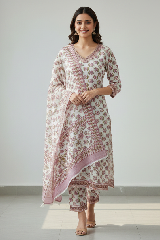 White Pink Floral Pocket Kurti Set