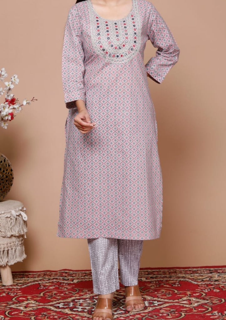 Grey Embroidered Straight Kurti Set