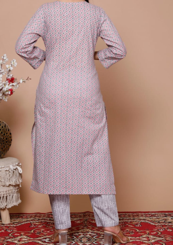 Grey Embroidered Straight Kurti Set