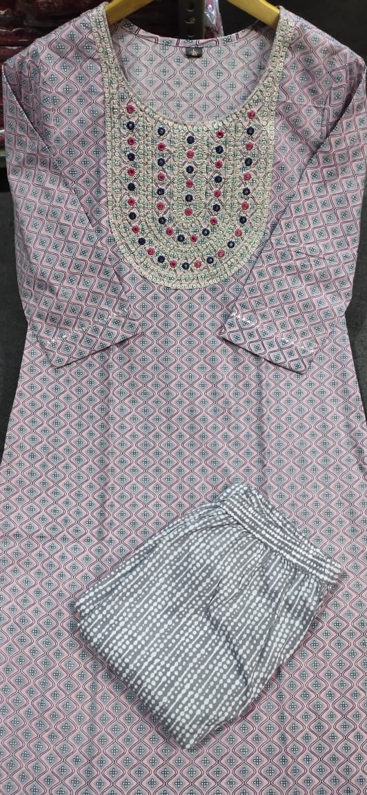 Grey Embroidered Straight Kurti Set