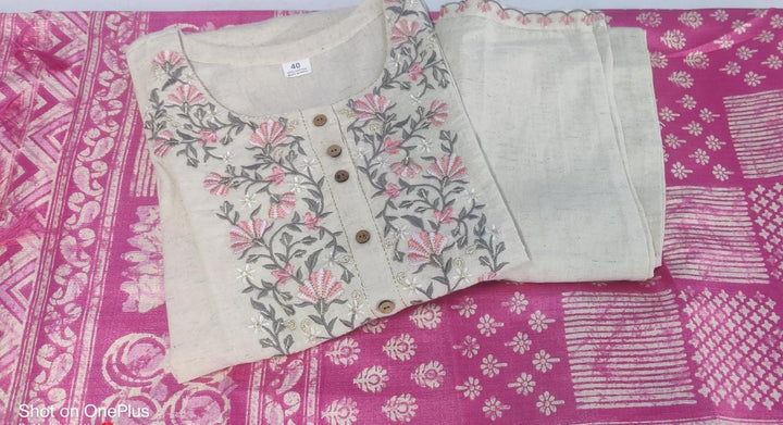 Quite White Cotton Jaipuri  Kurti Set