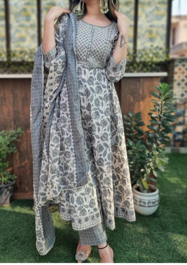 White Steel Grey Anarkali Kurti Set