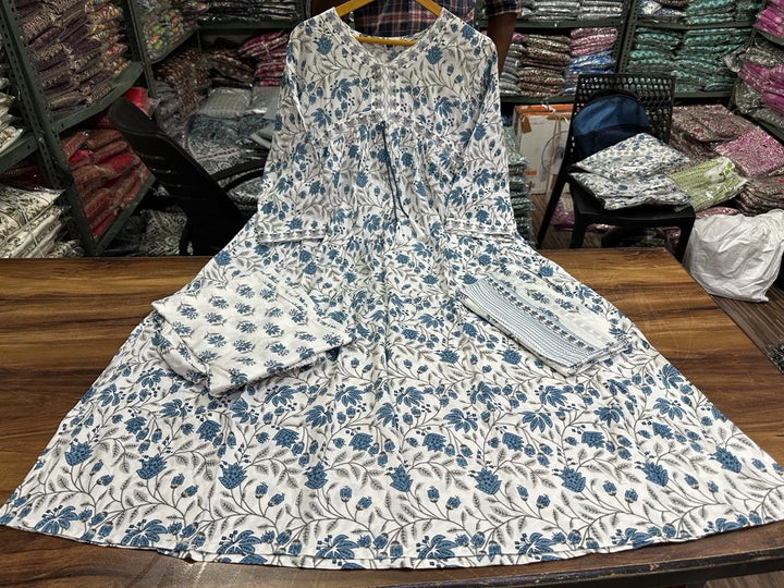 White Teal Printed Naira Cut Kurti Set