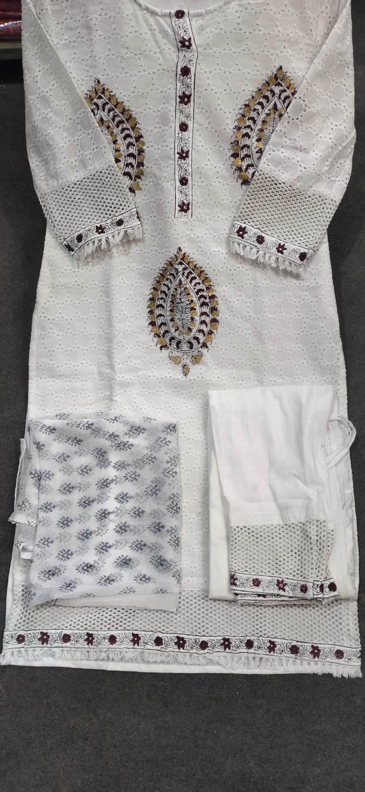 White Black Chikankari Set