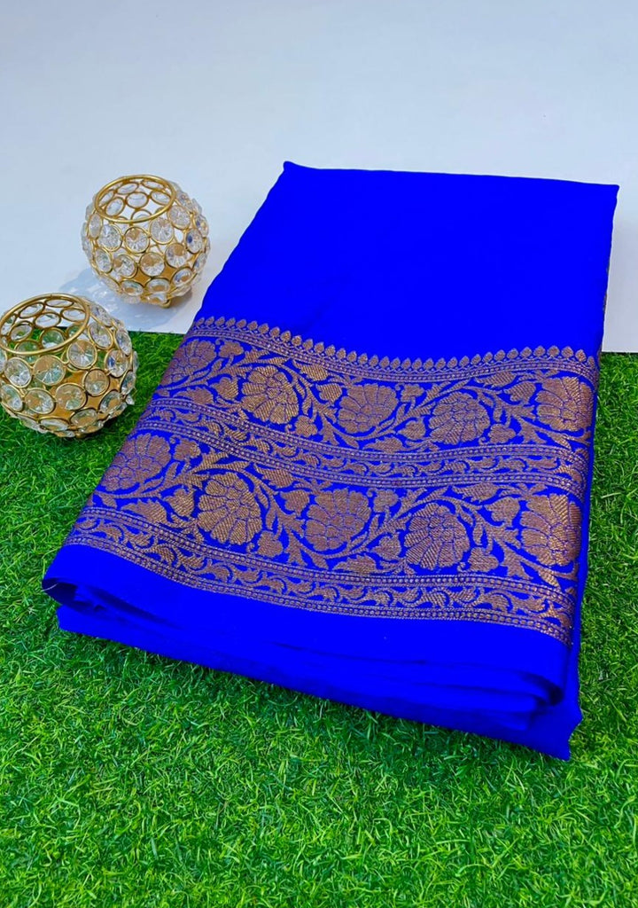 Plain Banarasi Saree With Floral Zari Border