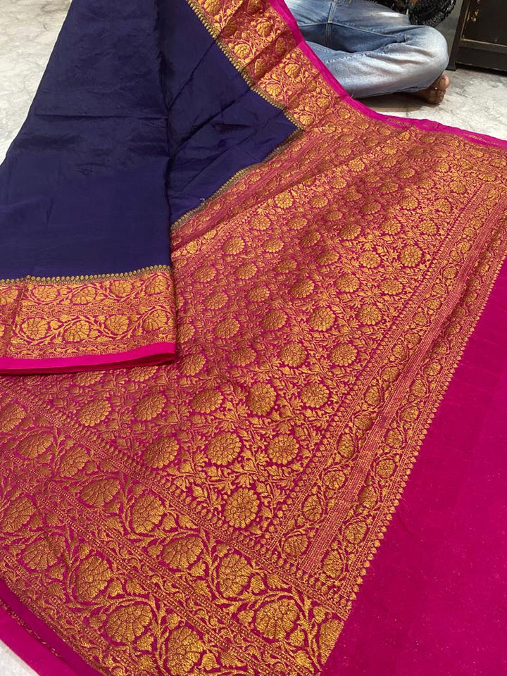 Plain Banarasi Saree With Floral Zari Border