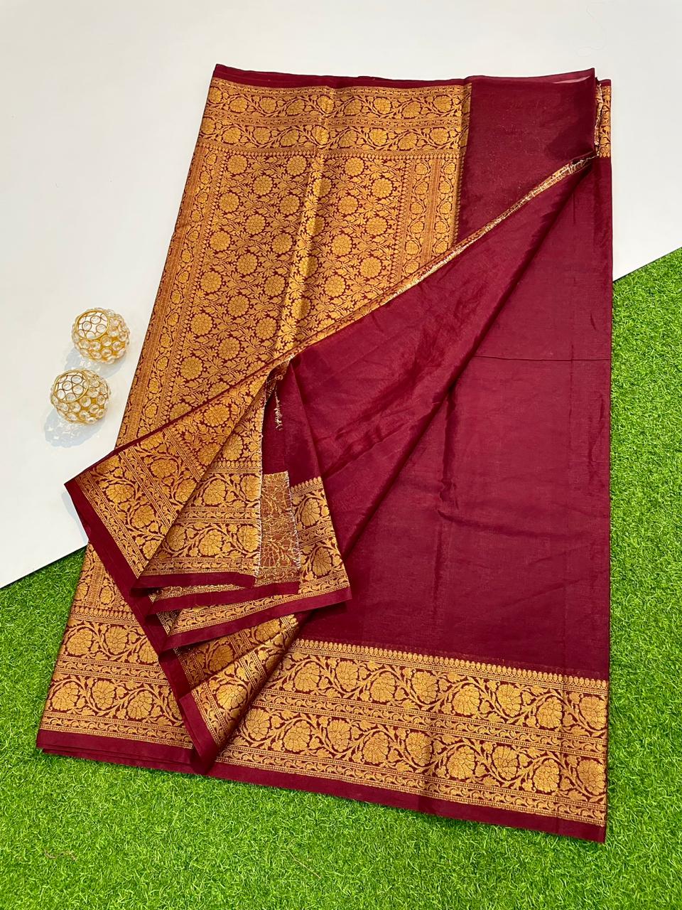 Tarquoise blue plain saree with thin golden zari border - Sri Kumaran Stores