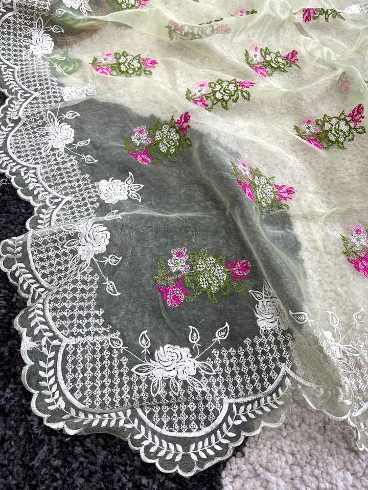 Magical White Rose Organza Saree