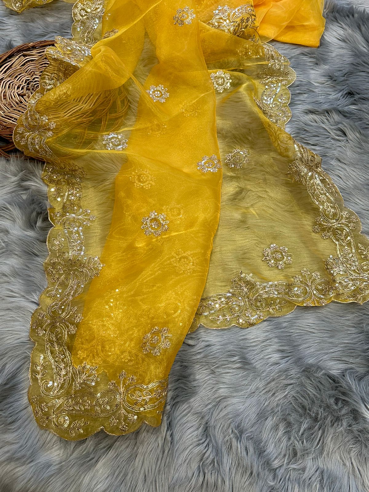 Vibrant Sunshine Yellow Organza Saree – Monamaar