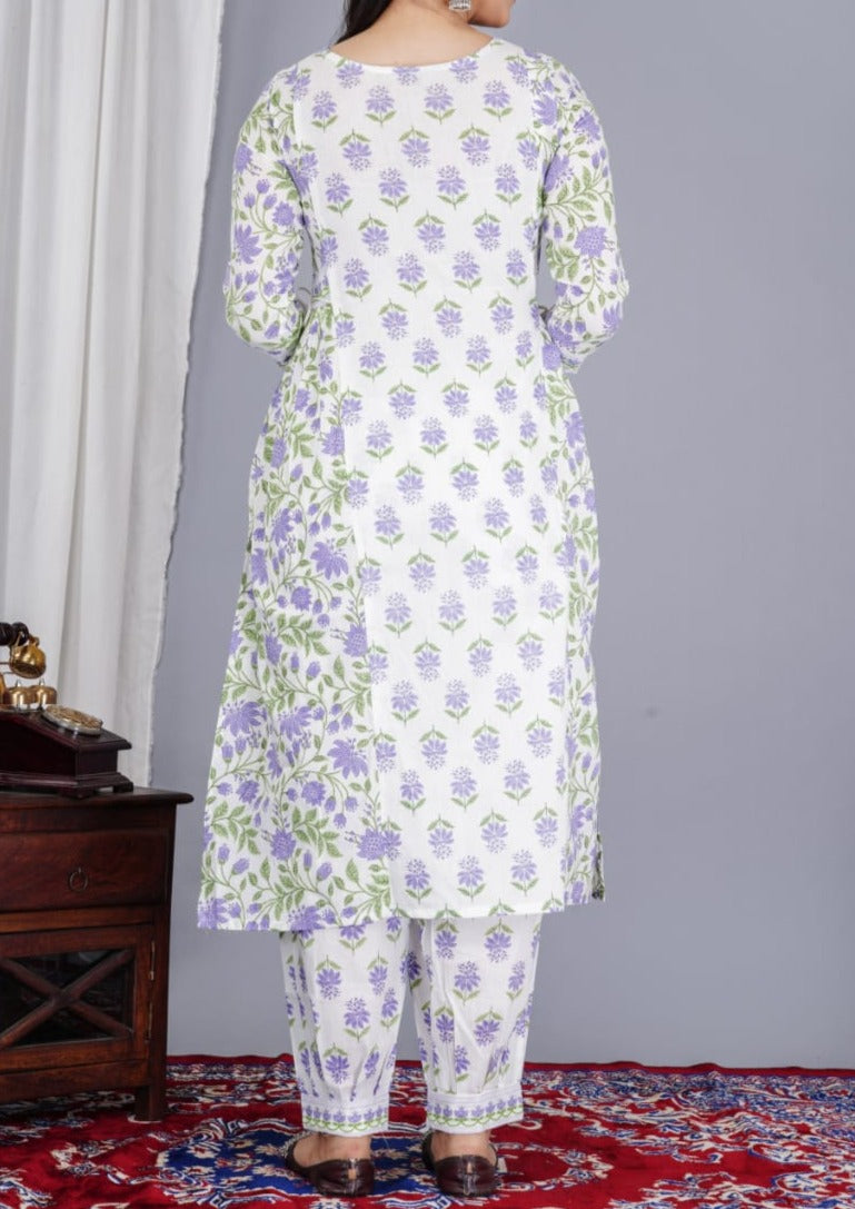 Enchanting White Lavender Cotton Kurti Set