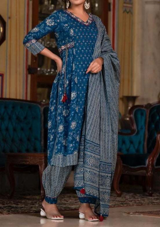 Ultramarine Indigo Cotton Afghani Kurti Set