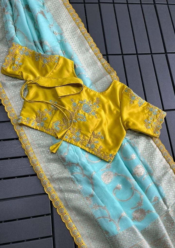 Youthful Cyan Rich Muga Silk Banarasi Saree