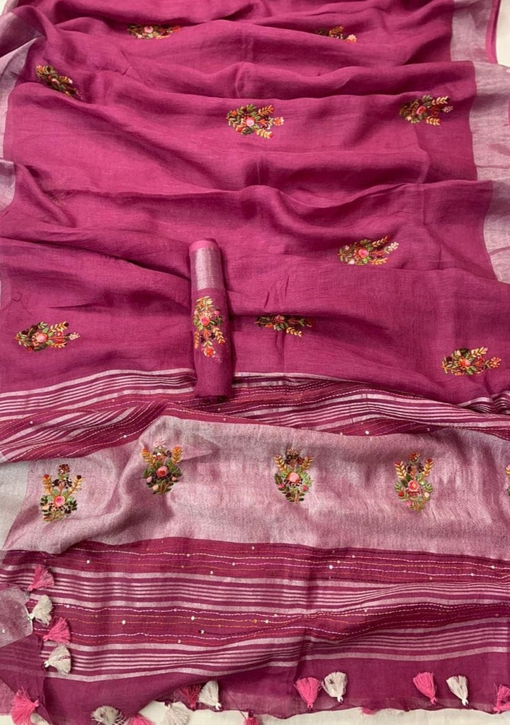 Arty-Crafty Pure Hand Embroidered Linen Saree