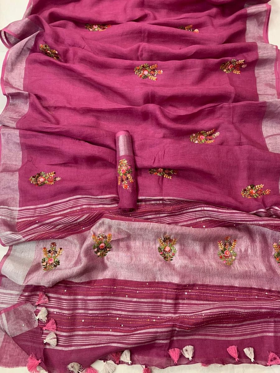 Arty-Crafty Pure Hand Embroidered Linen Saree