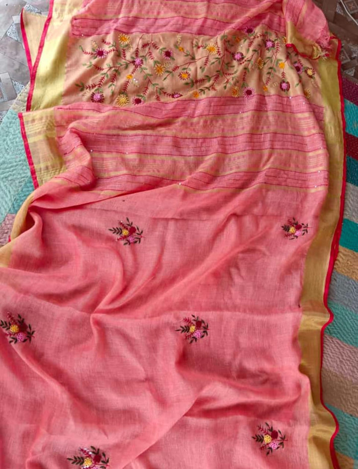 Arty-Crafty Pure Hand Embroidered Linen Saree