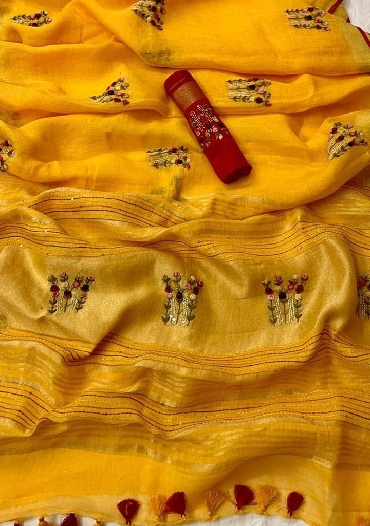 Arty-Crafty Pure Hand Embroidered Linen Saree