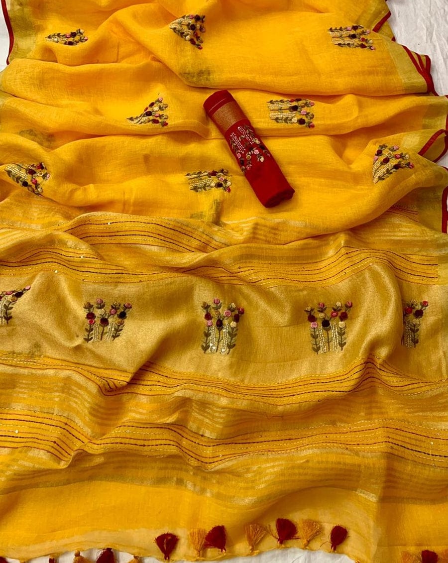 Arty-Crafty Pure Hand Embroidered Linen Saree