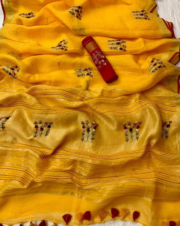 Arty-Crafty Pure Hand Embroidered Linen Saree