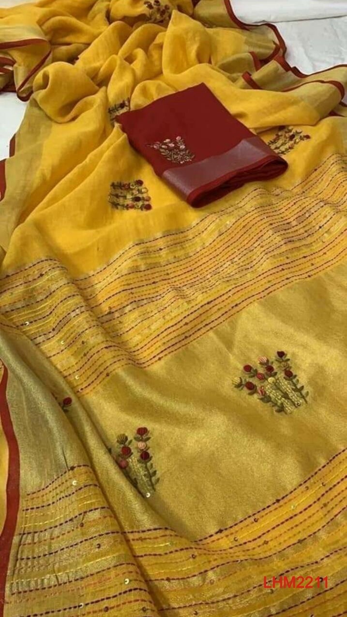 Arty-Crafty Pure Hand Embroidered Linen Saree