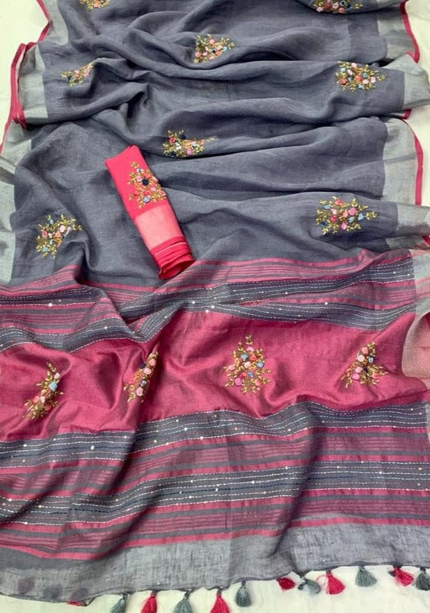 Arty-Crafty Pure Hand Embroidered Linen Saree
