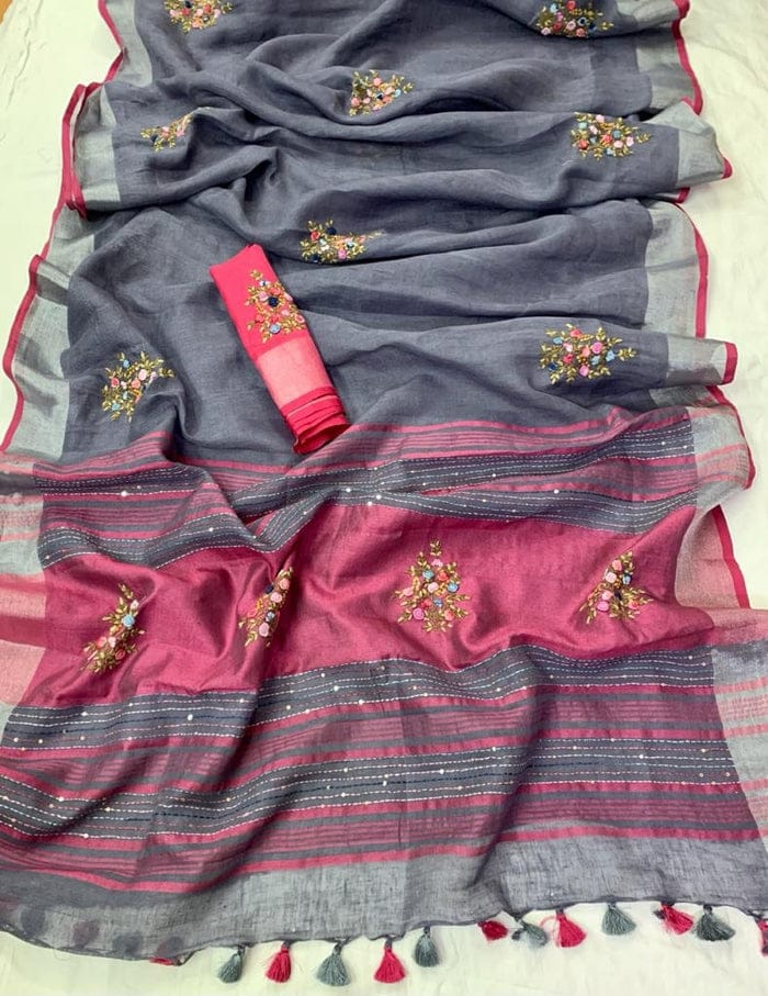 Arty-Crafty Pure Hand Embroidered Linen Saree