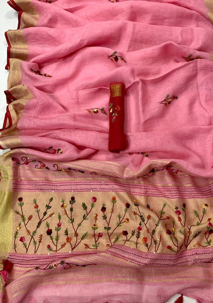 Arty-Crafty Pure Hand Embroidered Linen Saree