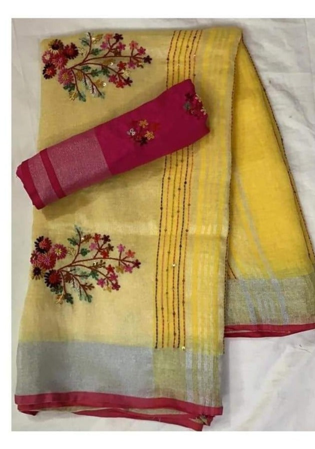 Arty-Crafty Pure Hand Embroidered Linen Saree